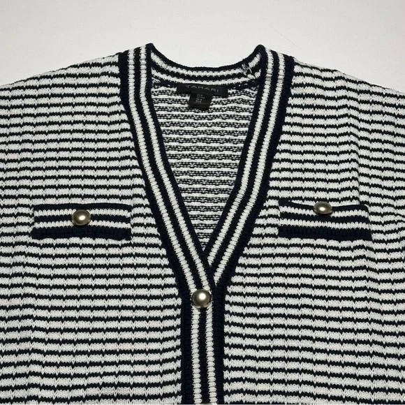 Tahari Knit V-Neck Cardigan; Black/White Stripes; Silver Accents - Women Medium - Picture 3 of 15